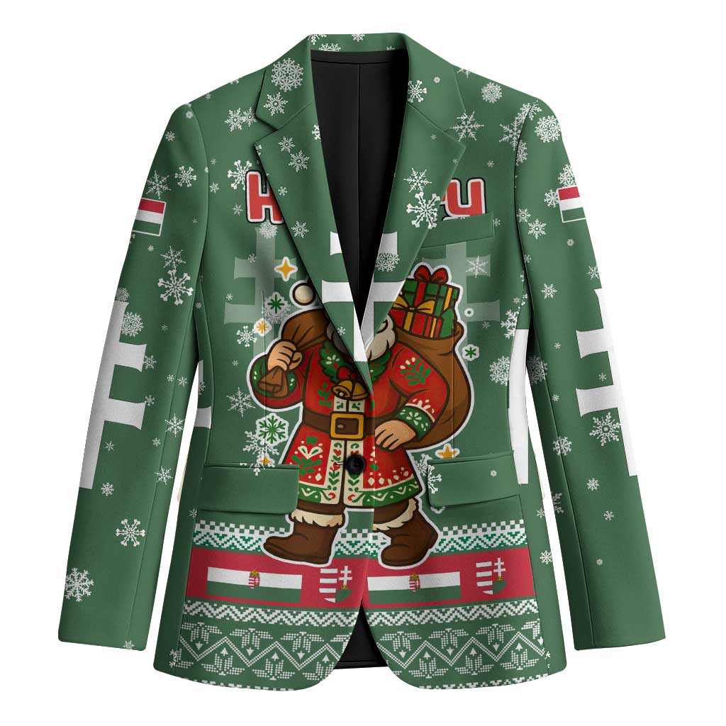 Hungary Christmas Blazer with Green Snowflake Pattern Santa Claus Motif - Wonder Print Shop