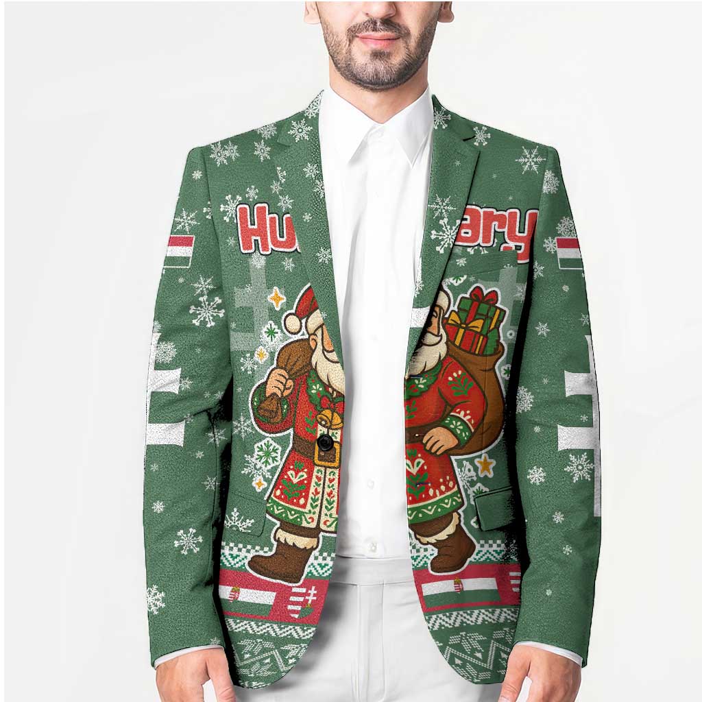Hungary Christmas Blazer with Green Snowflake Pattern Santa Claus Motif - Wonder Print Shop