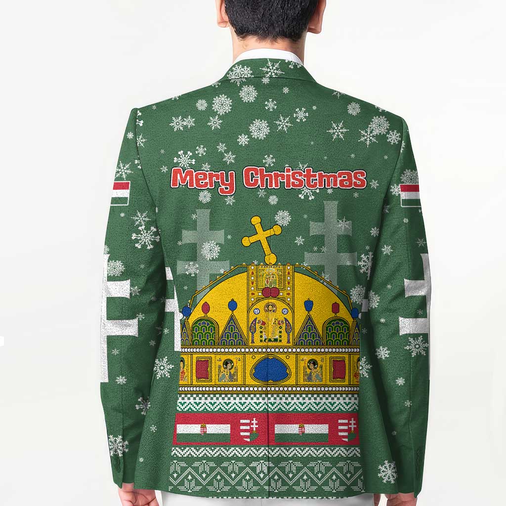 Hungary Christmas Blazer with Green Snowflake Pattern Santa Claus Motif - Wonder Print Shop