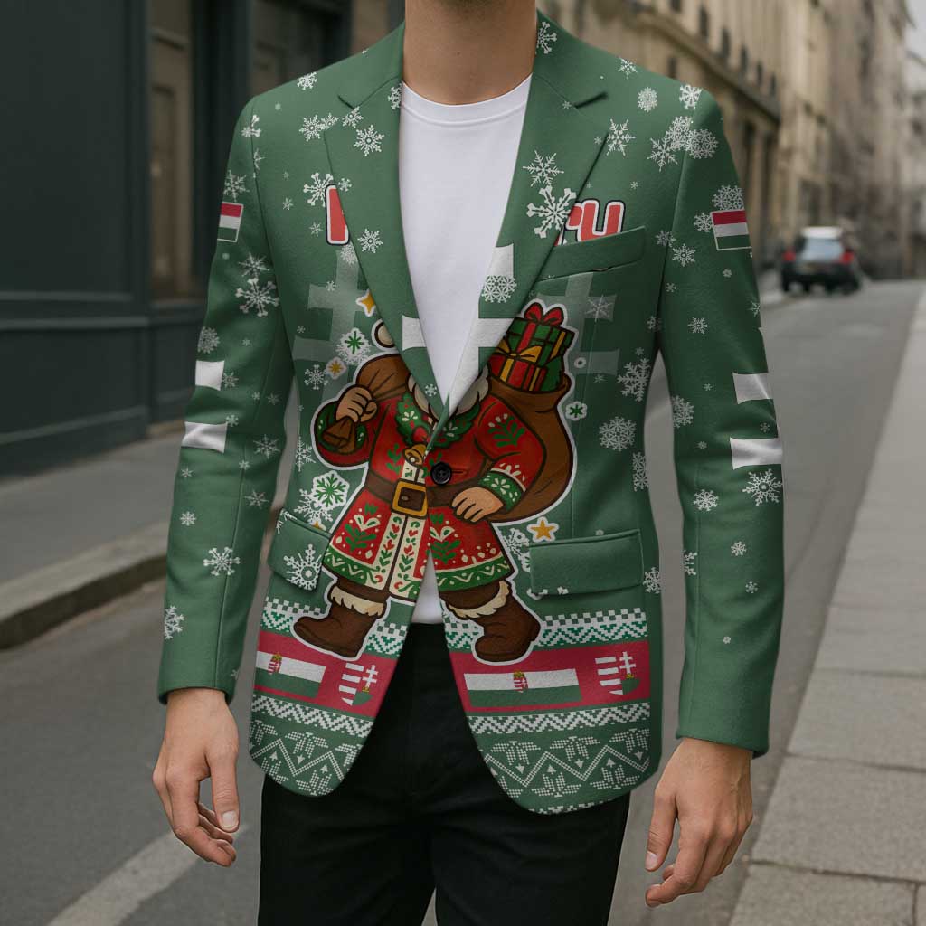 Hungary Christmas Blazer with Green Snowflake Pattern Santa Claus Motif - Wonder Print Shop