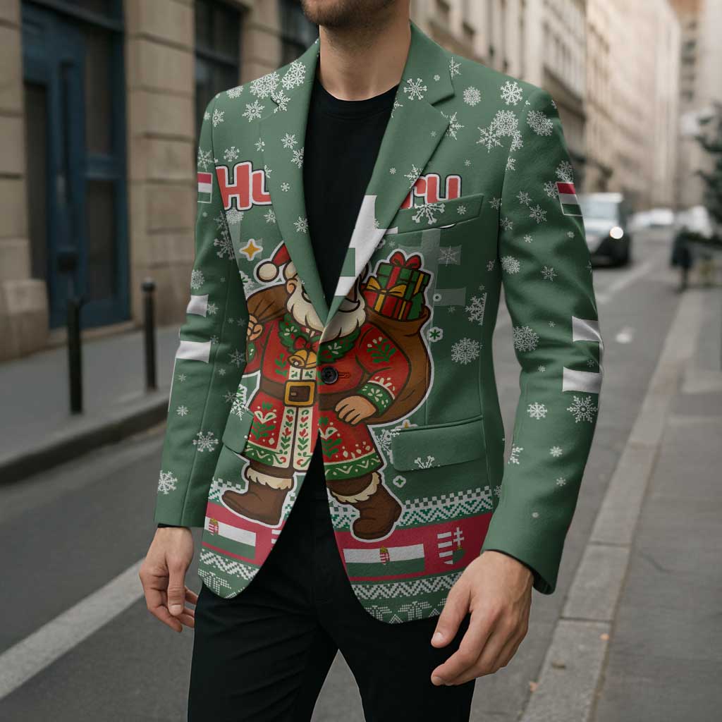 Hungary Christmas Blazer with Green Snowflake Pattern Santa Claus Motif - Wonder Print Shop