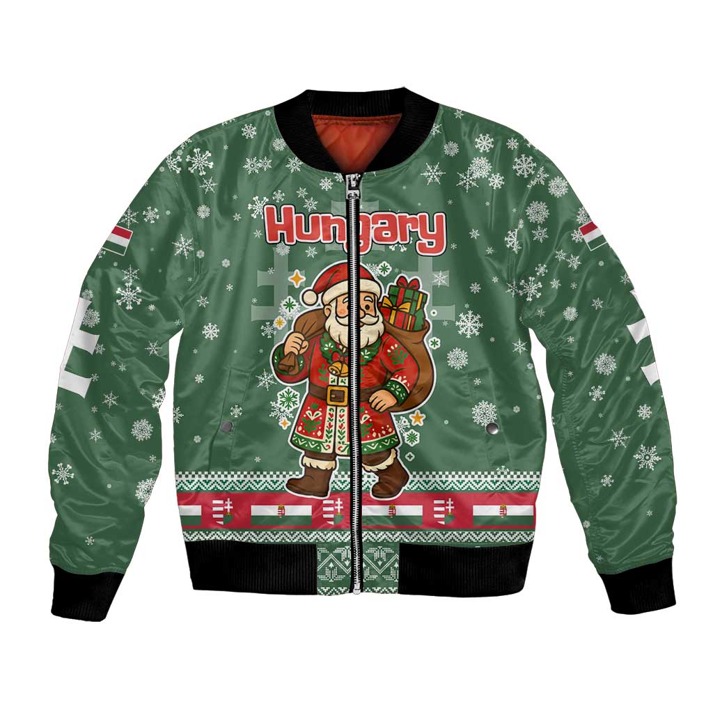 Hungary Christmas Bomber Jacket with Green Snowflake Pattern Santa Claus Motif - Wonder Print Shop