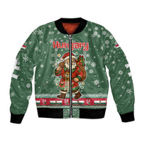 Hungary Christmas Bomber Jacket with Green Snowflake Pattern Santa Claus Motif - Wonder Print Shop