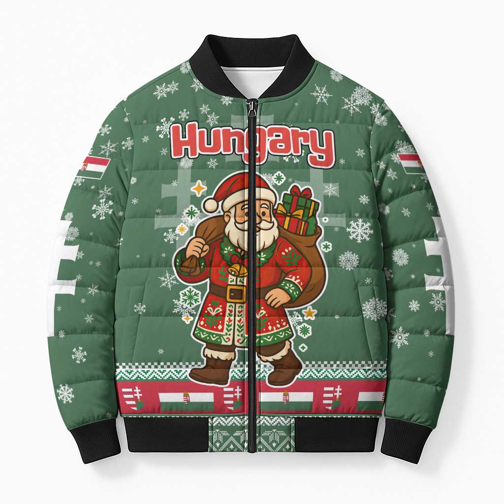 Hungary Christmas Bomber Puffer Jacket with Green Snowflake Pattern Santa Claus Motif - Wonder Print Shop