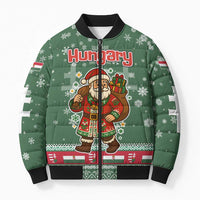 Hungary Christmas Bomber Puffer Jacket with Green Snowflake Pattern Santa Claus Motif - Wonder Print Shop