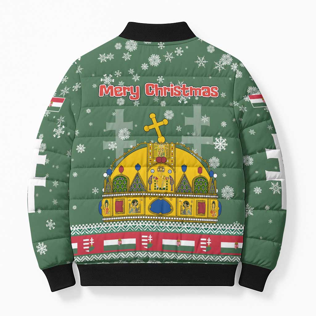 Hungary Christmas Bomber Puffer Jacket with Green Snowflake Pattern Santa Claus Motif - Wonder Print Shop