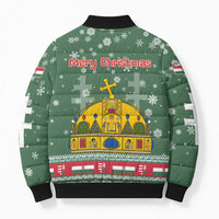 Hungary Christmas Bomber Puffer Jacket with Green Snowflake Pattern Santa Claus Motif - Wonder Print Shop