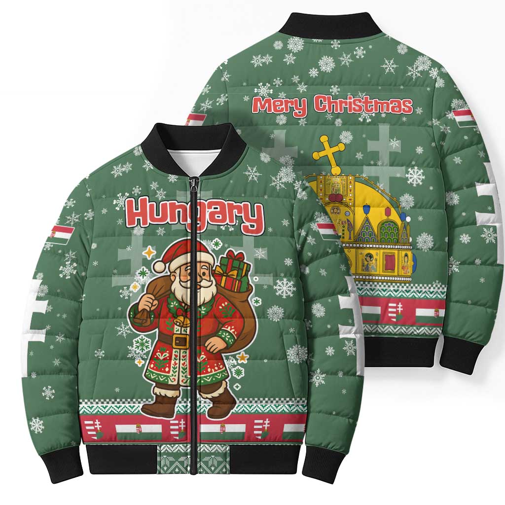 Hungary Christmas Bomber Puffer Jacket with Green Snowflake Pattern Santa Claus Motif - Wonder Print Shop