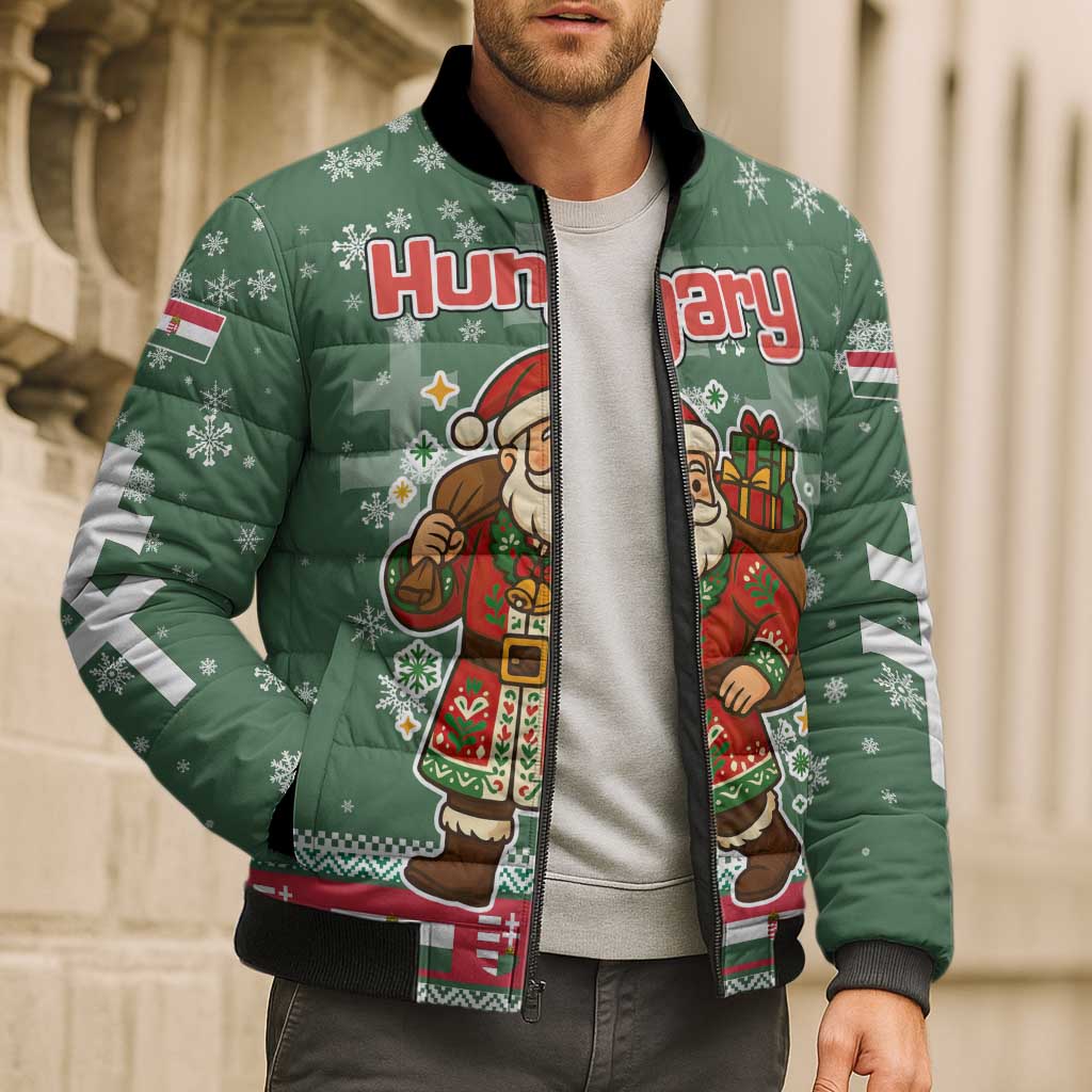 Hungary Christmas Bomber Puffer Jacket with Green Snowflake Pattern Santa Claus Motif - Wonder Print Shop