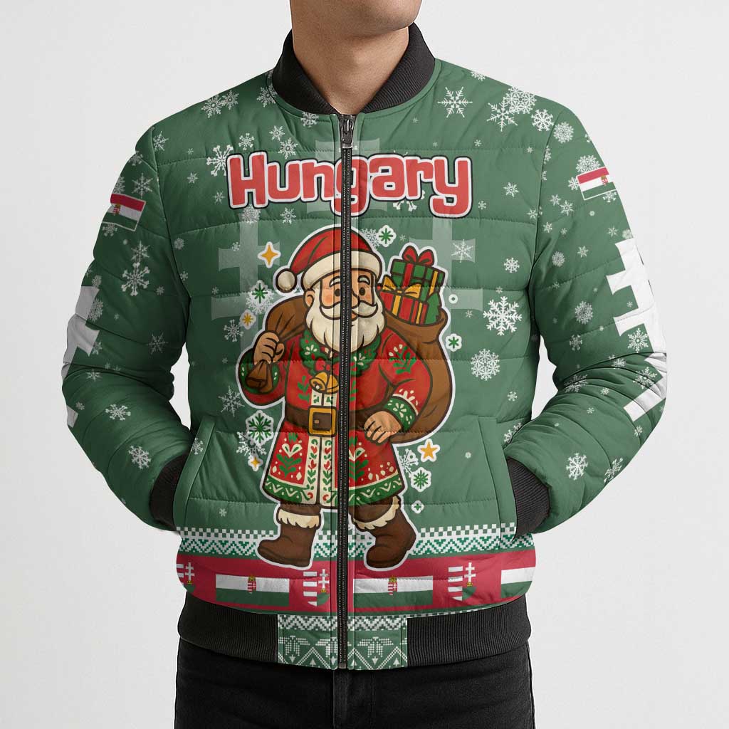 Hungary Christmas Bomber Puffer Jacket with Green Snowflake Pattern Santa Claus Motif - Wonder Print Shop