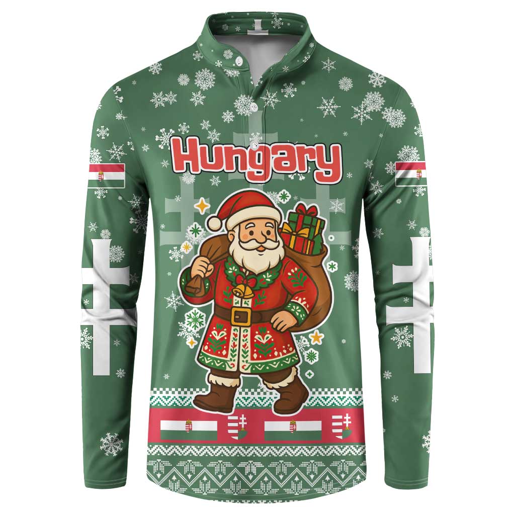 Hungary Christmas Button Sweatshirt with Green Snowflake Pattern Santa Claus Motif - Wonder Print Shop