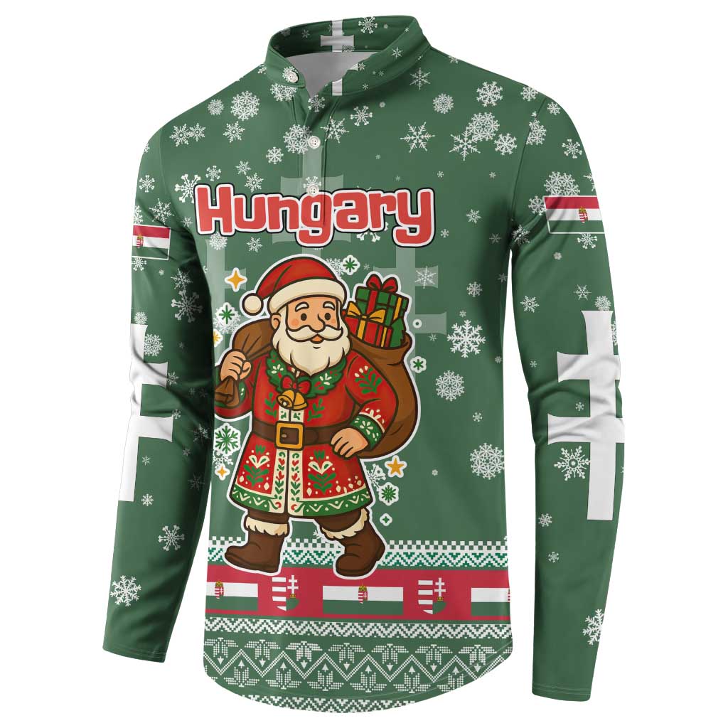 Hungary Christmas Button Sweatshirt with Green Snowflake Pattern Santa Claus Motif - Wonder Print Shop