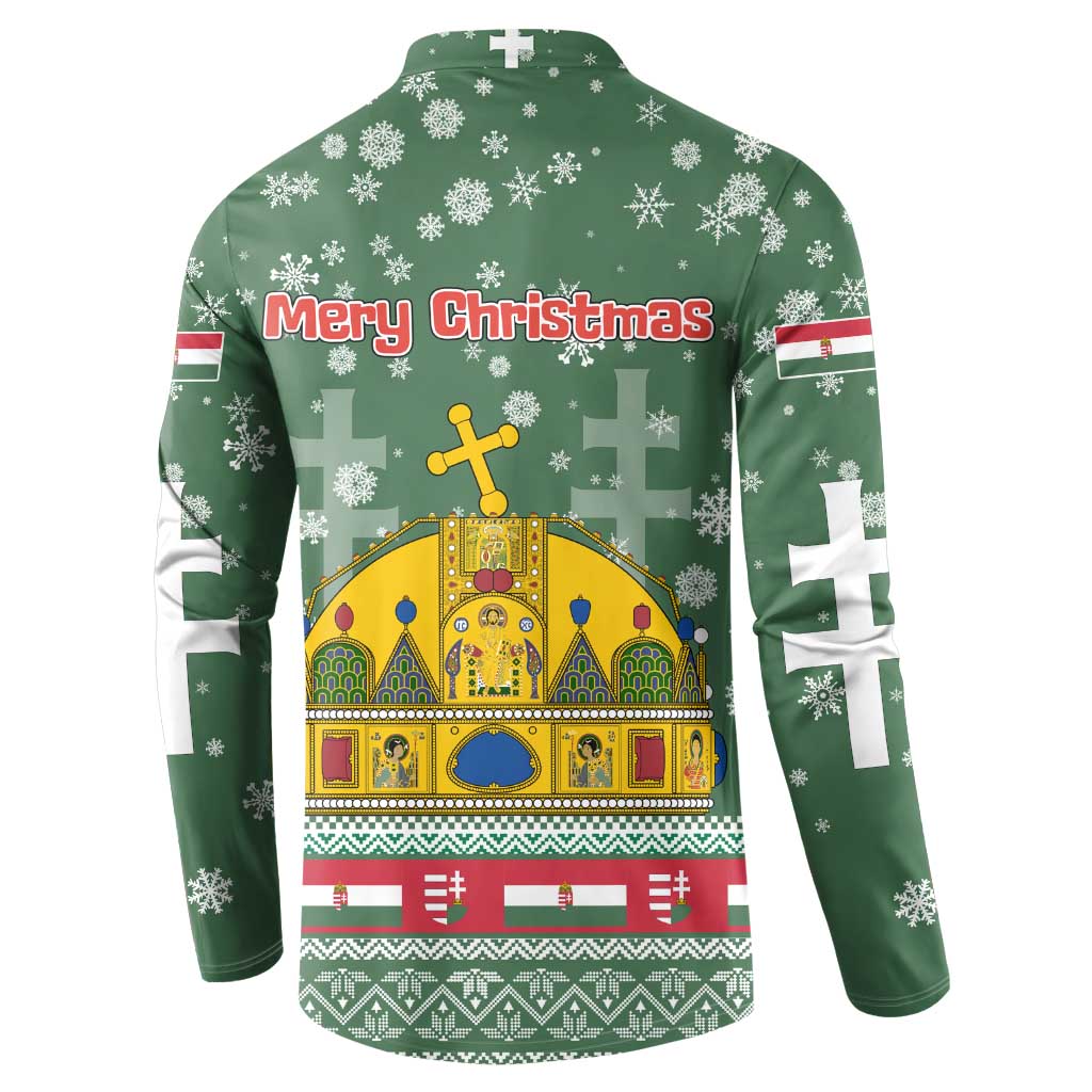 Hungary Christmas Button Sweatshirt with Green Snowflake Pattern Santa Claus Motif - Wonder Print Shop