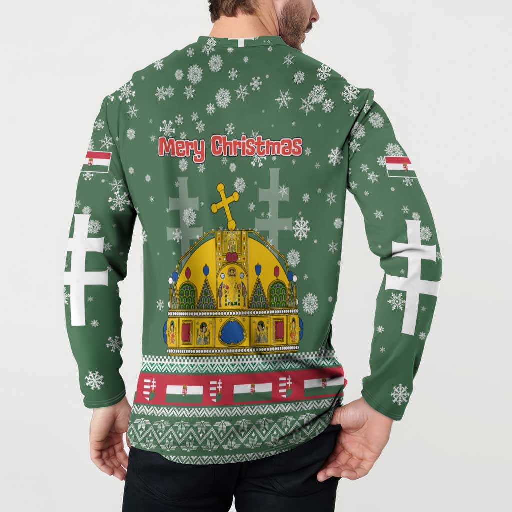 Hungary Christmas Button Sweatshirt with Green Snowflake Pattern Santa Claus Motif - Wonder Print Shop