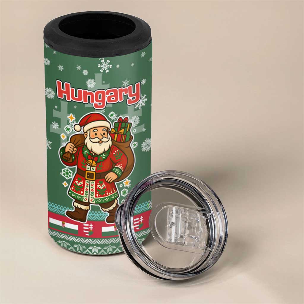 Hungary Christmas 4 in 1 Can Cooler Tumbler with Green Snowflake Pattern Santa Claus Motif - Wonder Print Shop