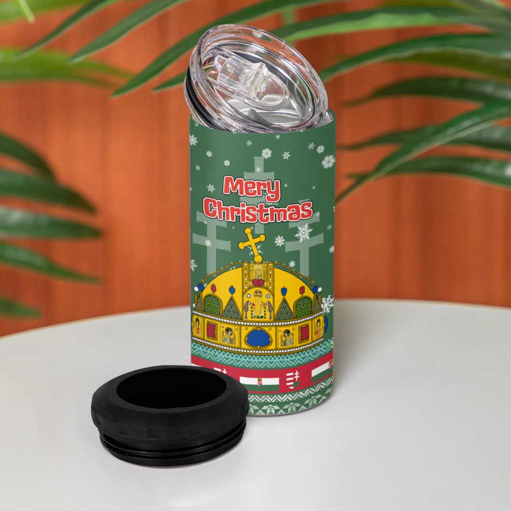 Hungary Christmas 4 in 1 Can Cooler Tumbler with Green Snowflake Pattern Santa Claus Motif - Wonder Print Shop