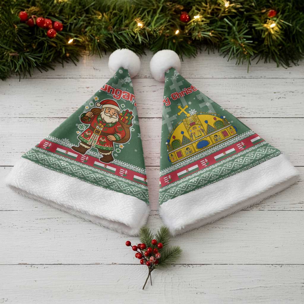 Hungary Christmas Santa Hat with Green Snowflake Pattern Santa Claus Motif - Wonder Print Shop