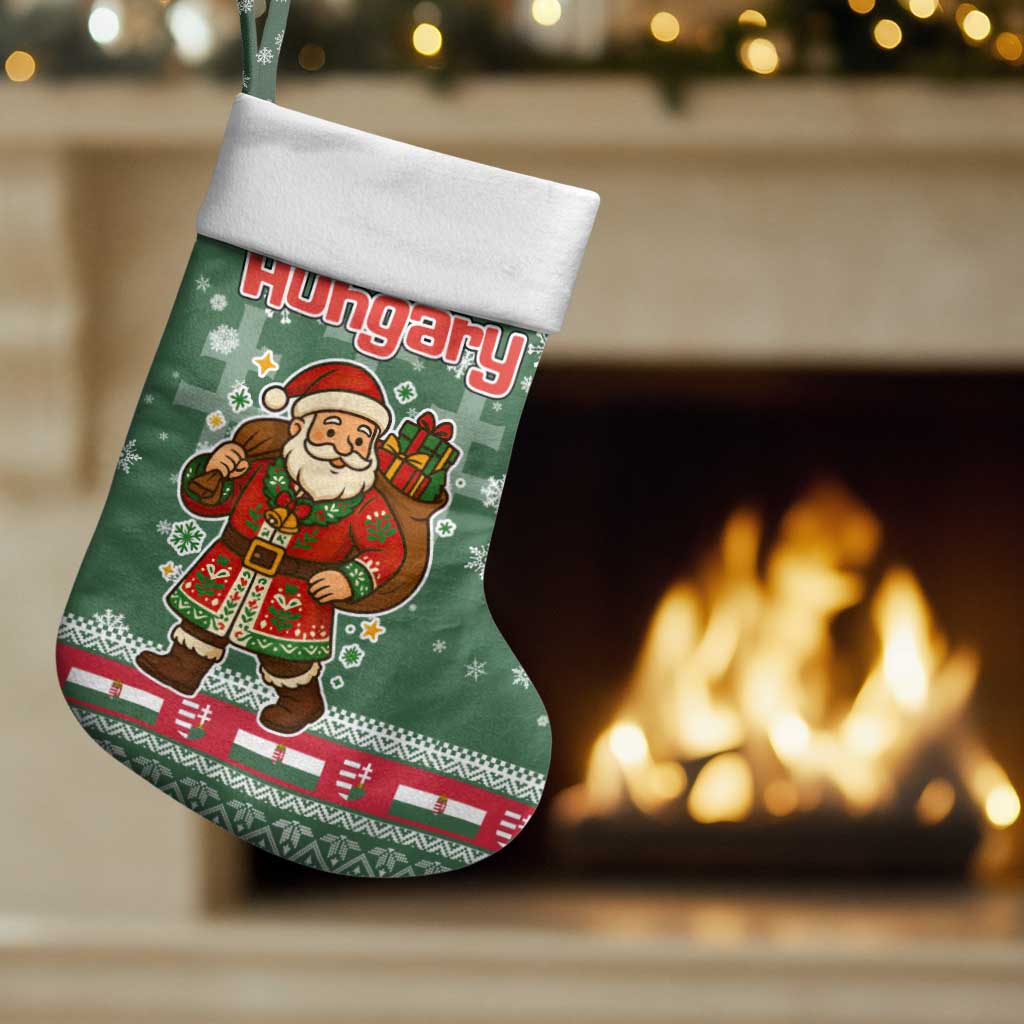 Hungary Christmas Stocking with Green Snowflake Pattern Santa Claus Motif - Wonder Print Shop