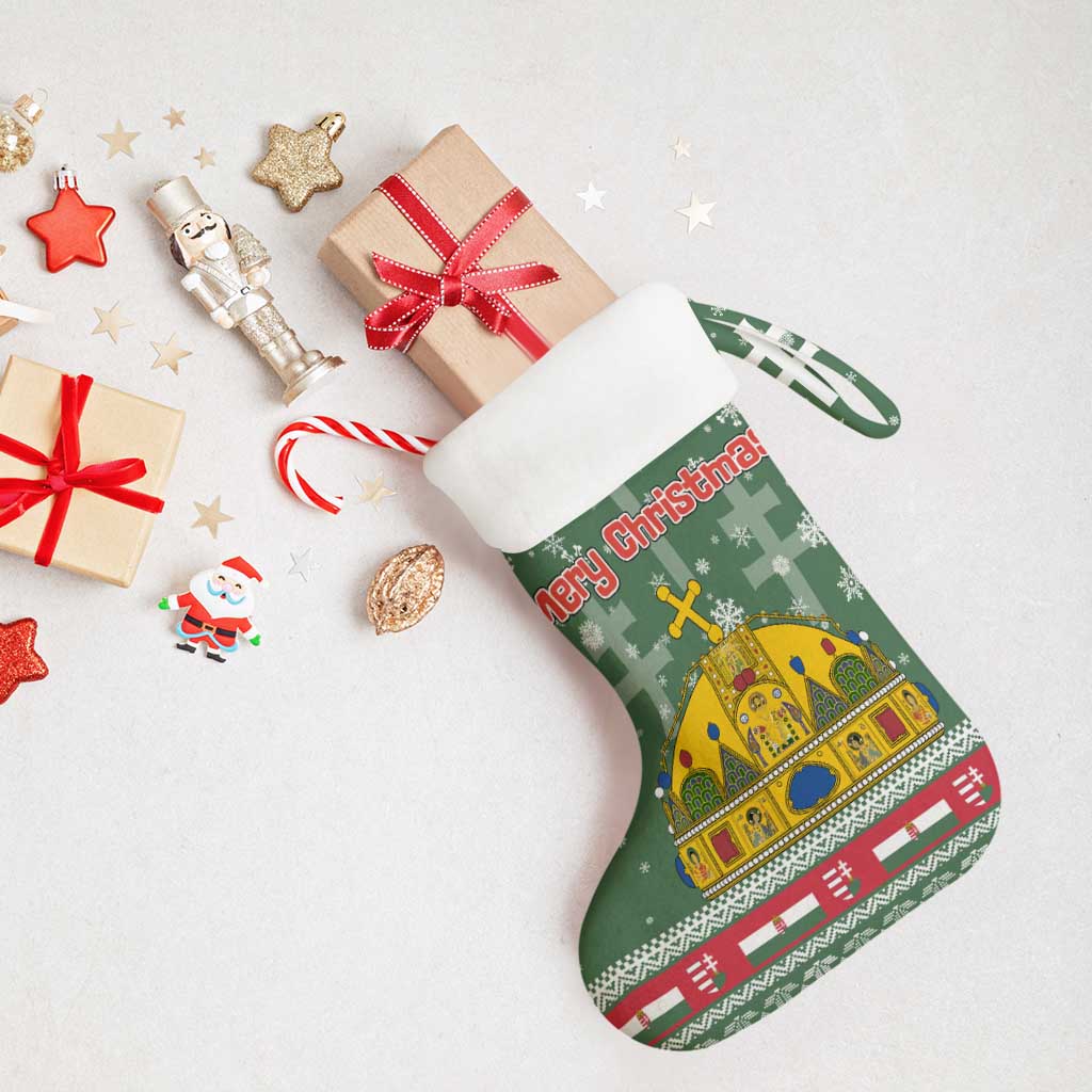 Hungary Christmas Stocking with Green Snowflake Pattern Santa Claus Motif - Wonder Print Shop