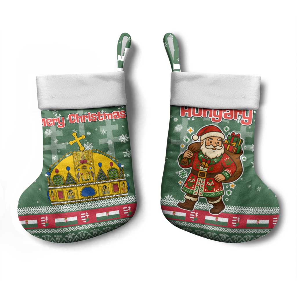Hungary Christmas Stocking with Green Snowflake Pattern Santa Claus Motif - Wonder Print Shop