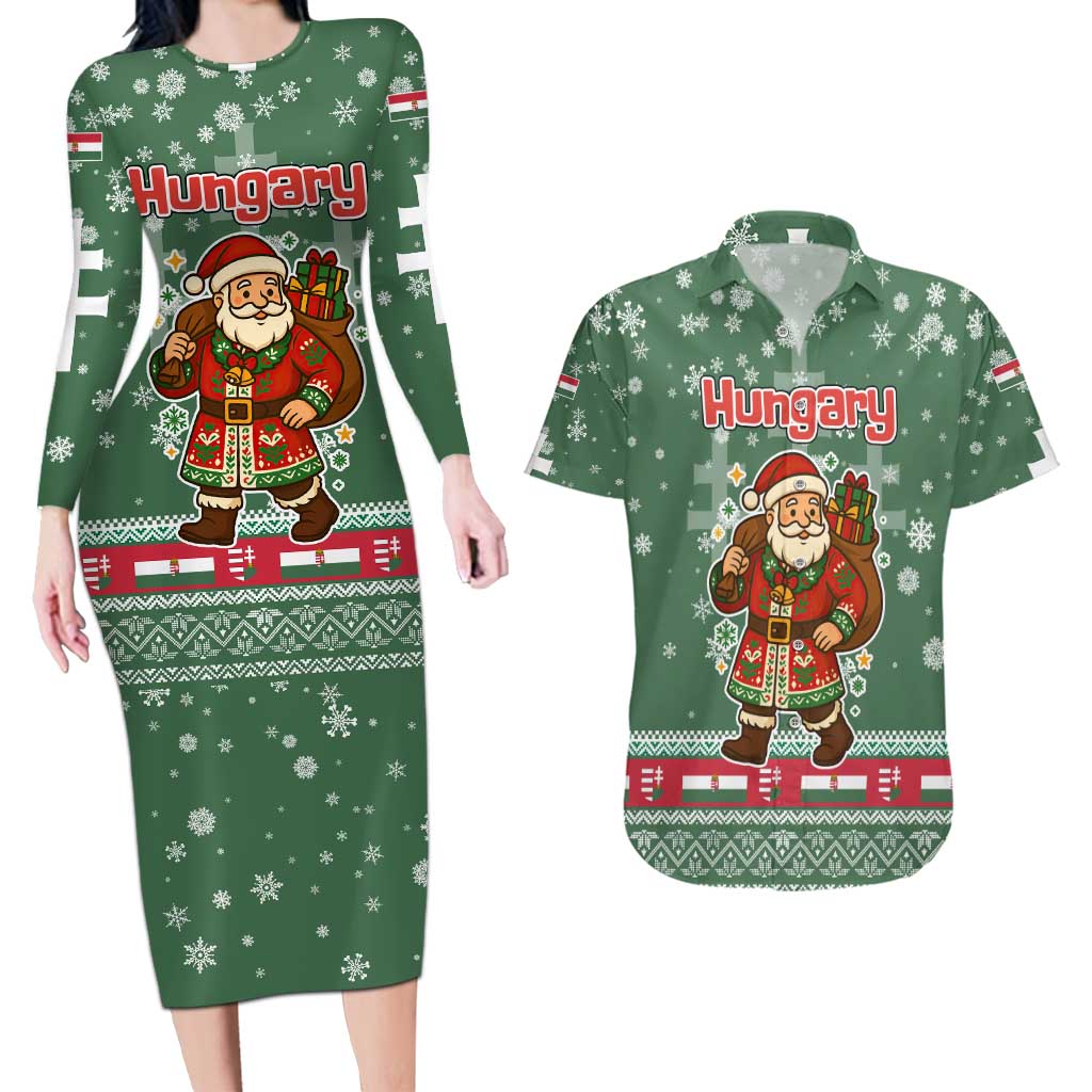 Hungary Christmas Couples Matching Long Sleeve Bodycon Dress and Hawaiian Shirt with Green Snowflake Pattern Santa Claus Motif - Wonder Print Shop