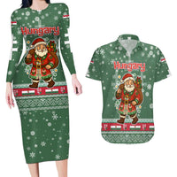 Hungary Christmas Couples Matching Long Sleeve Bodycon Dress and Hawaiian Shirt with Green Snowflake Pattern Santa Claus Motif - Wonder Print Shop