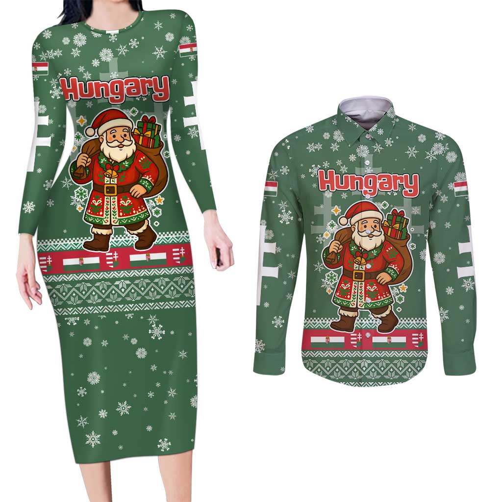Hungary Christmas Couples Matching Long Sleeve Bodycon Dress and Long Sleeve Button Shirt with Green Snowflake Pattern Santa Claus Motif - Wonder Print Shop