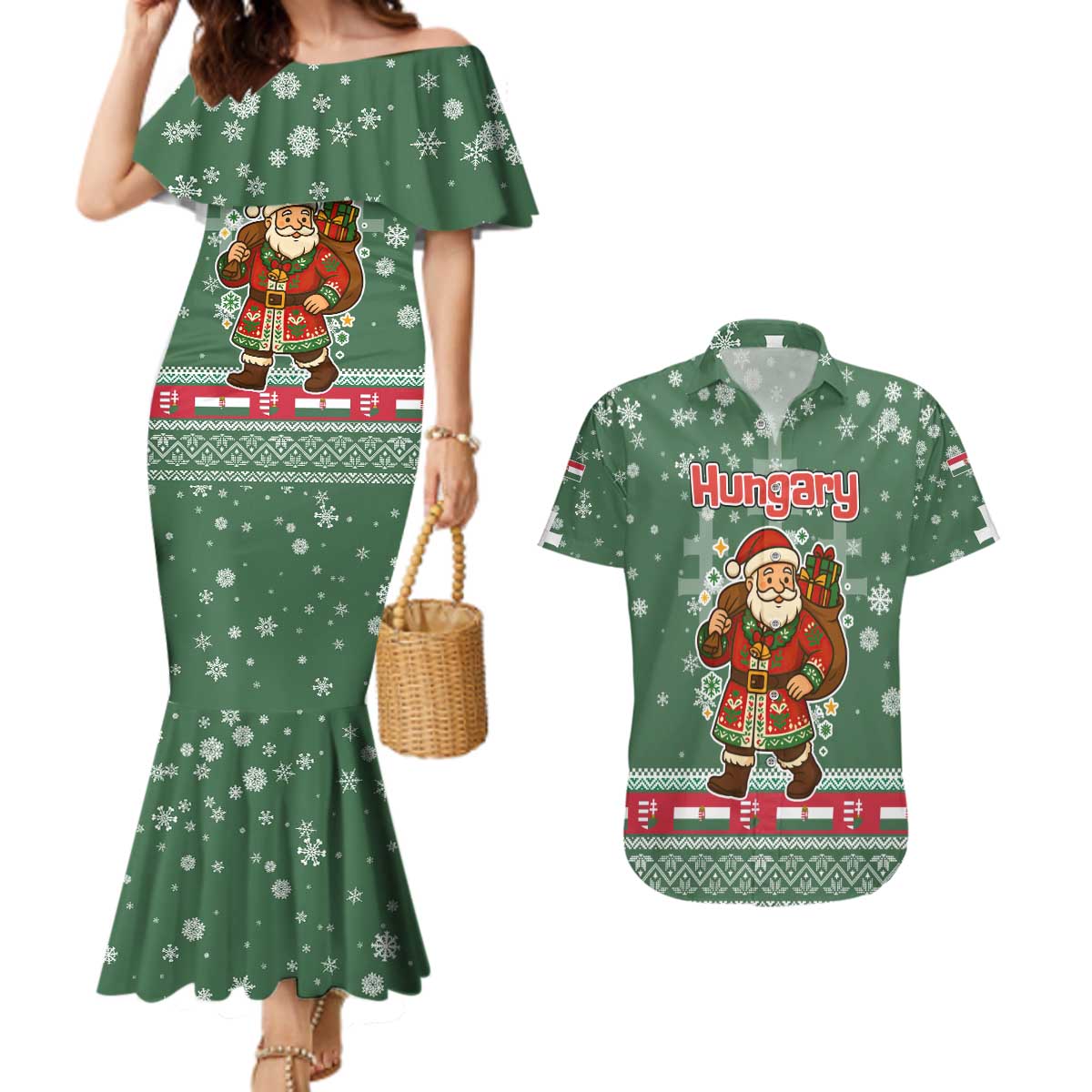 Hungary Christmas Couples Matching Mermaid Dress and Hawaiian Shirt with Green Snowflake Pattern Santa Claus Motif - Wonder Print Shop