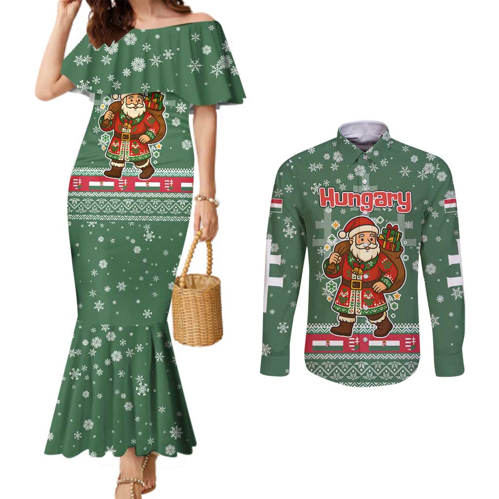 Hungary Christmas Couples Matching Mermaid Dress and Long Sleeve Button Shirt with Green Snowflake Pattern Santa Claus Motif - Wonder Print Shop
