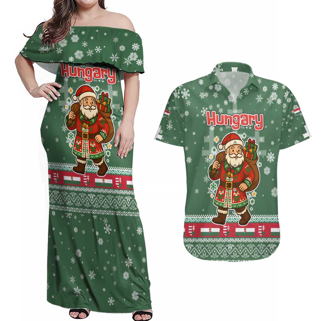 Hungary Christmas Couples Matching Off Shoulder Maxi Dress and Hawaiian Shirt with Green Snowflake Pattern Santa Claus Motif - Wonder Print Shop