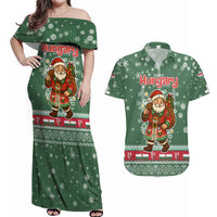 Hungary Christmas Couples Matching Off Shoulder Maxi Dress and Hawaiian Shirt with Green Snowflake Pattern Santa Claus Motif - Wonder Print Shop