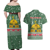 Hungary Christmas Couples Matching Off Shoulder Maxi Dress and Hawaiian Shirt with Green Snowflake Pattern Santa Claus Motif - Wonder Print Shop
