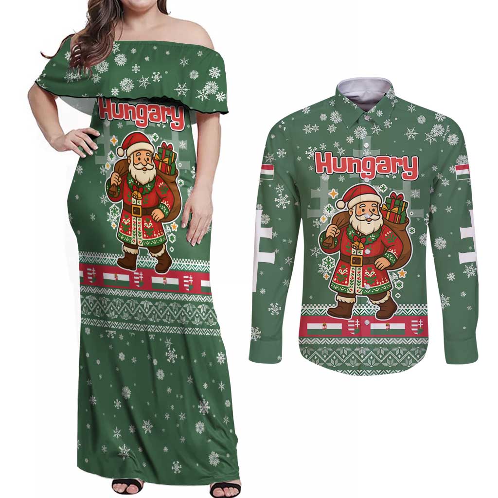 Hungary Christmas Couples Matching Off Shoulder Maxi Dress and Long Sleeve Button Shirt with Green Snowflake Pattern Santa Claus Motif - Wonder Print Shop