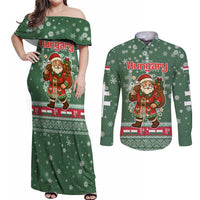 Hungary Christmas Couples Matching Off Shoulder Maxi Dress and Long Sleeve Button Shirt with Green Snowflake Pattern Santa Claus Motif - Wonder Print Shop