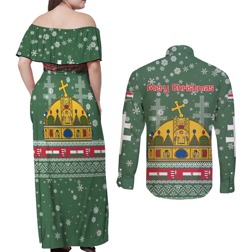 Hungary Christmas Couples Matching Off Shoulder Maxi Dress and Long Sleeve Button Shirt with Green Snowflake Pattern Santa Claus Motif - Wonder Print Shop
