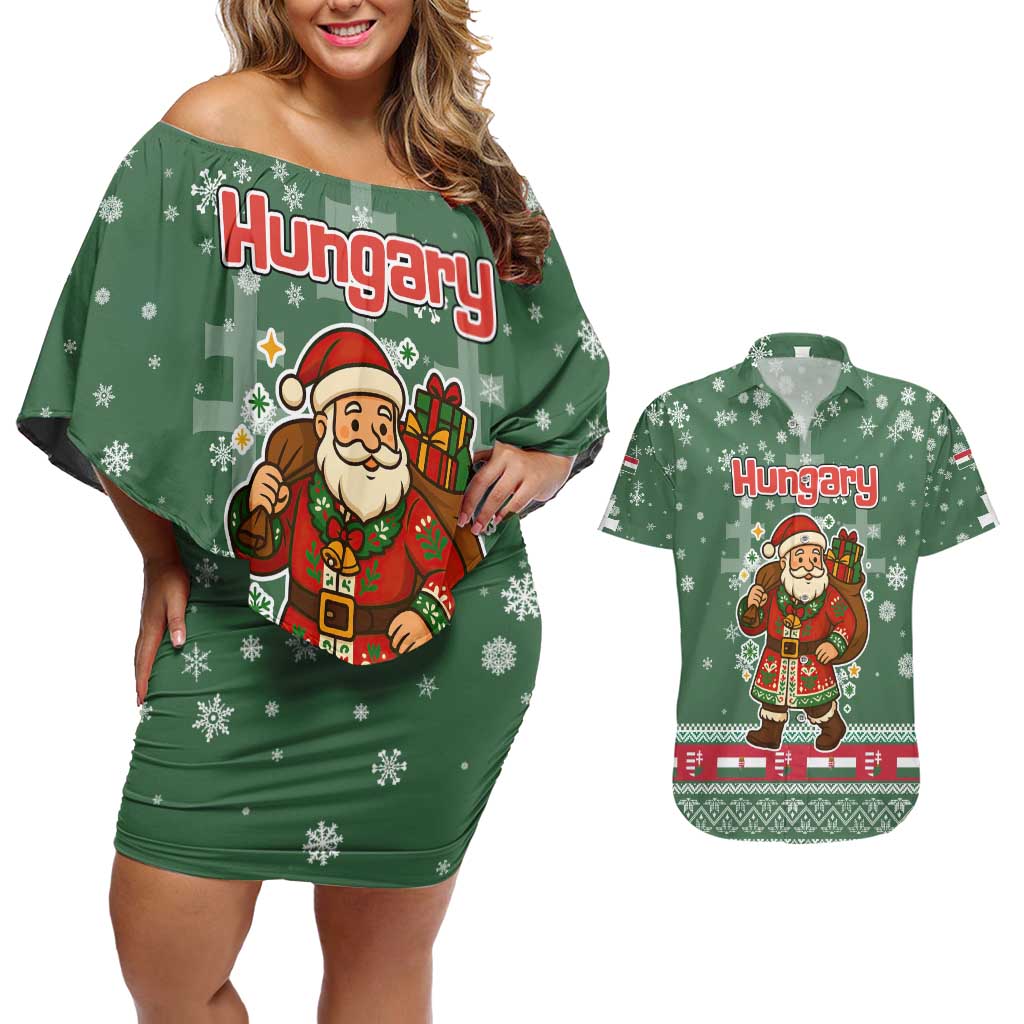 Hungary Christmas Couples Matching Off Shoulder Short Dress and Hawaiian Shirt with Green Snowflake Pattern Santa Claus Motif - Wonder Print Shop