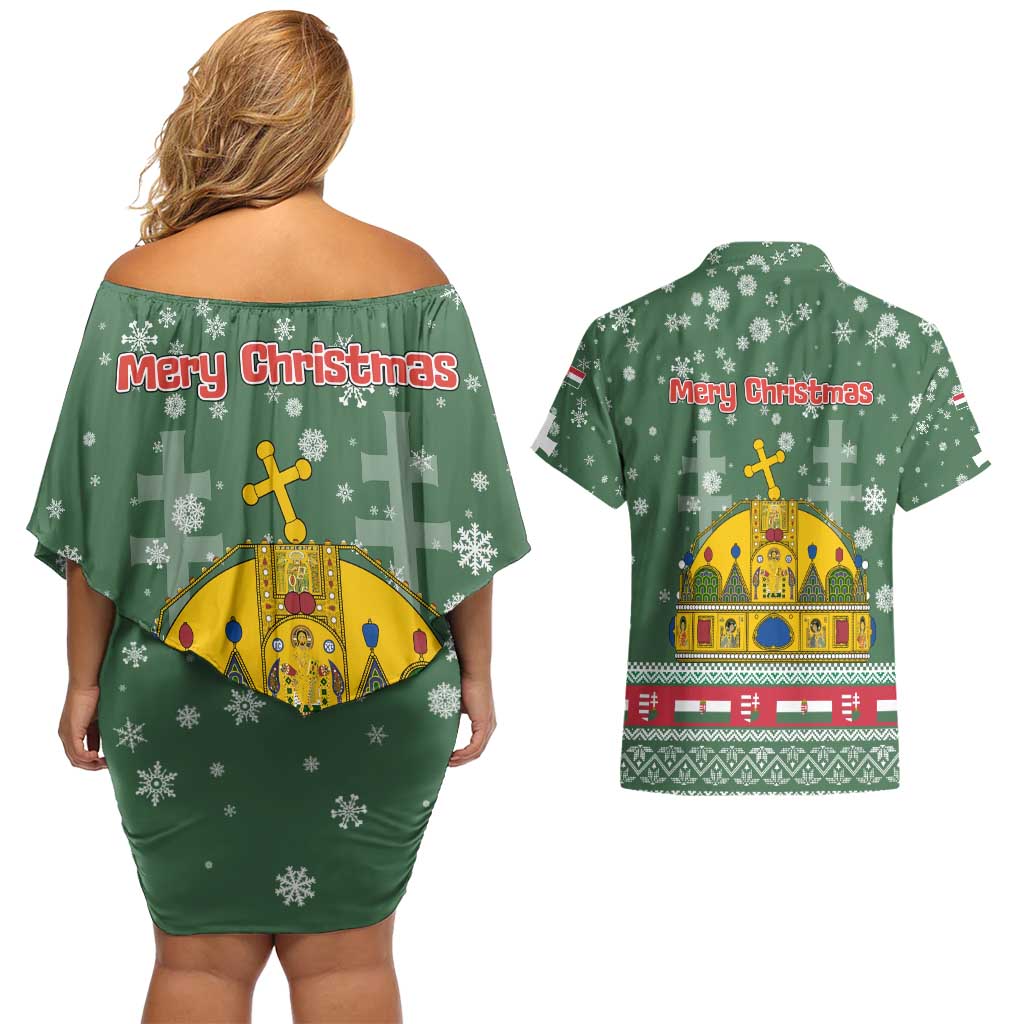 Hungary Christmas Couples Matching Off Shoulder Short Dress and Hawaiian Shirt with Green Snowflake Pattern Santa Claus Motif - Wonder Print Shop