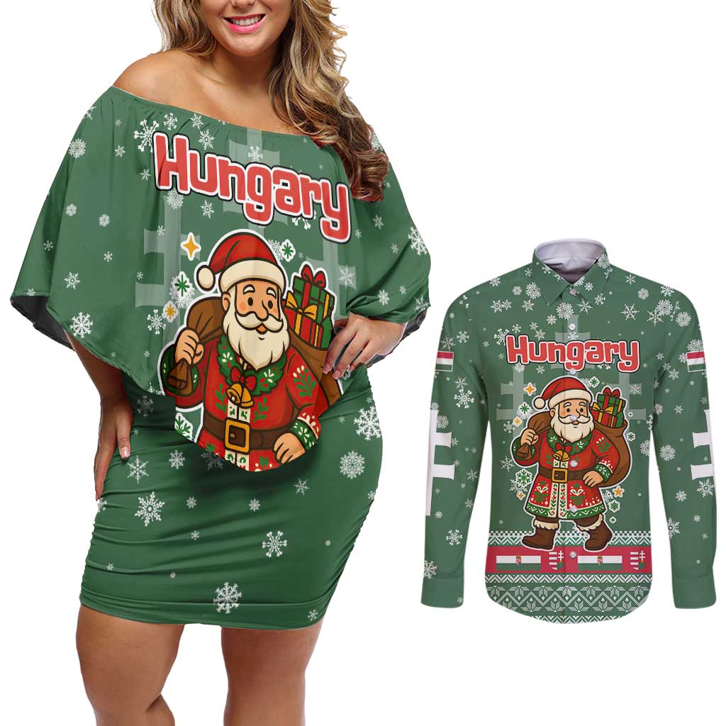 Hungary Christmas Couples Matching Off Shoulder Short Dress and Long Sleeve Button Shirt with Green Snowflake Pattern Santa Claus Motif - Wonder Print Shop