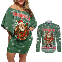 Hungary Christmas Couples Matching Off Shoulder Short Dress and Long Sleeve Button Shirt with Green Snowflake Pattern Santa Claus Motif - Wonder Print Shop