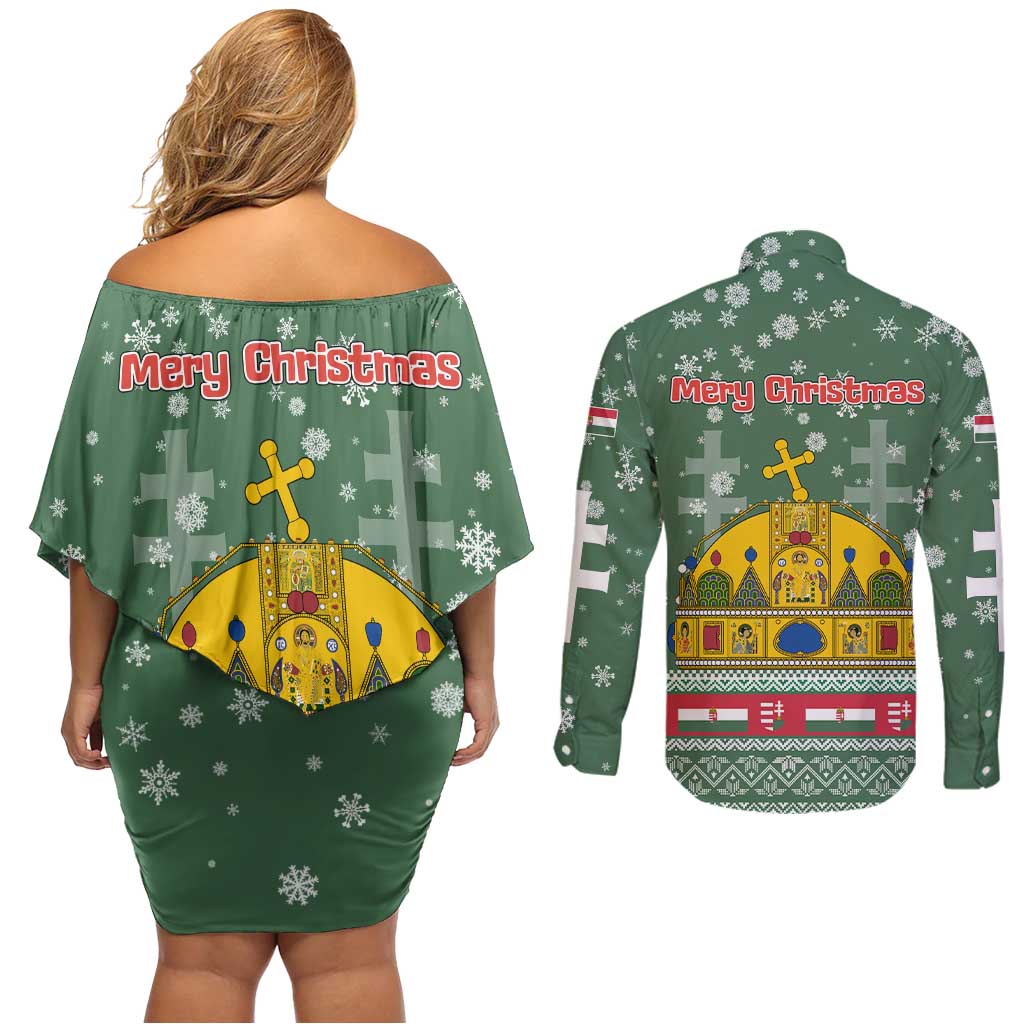 Hungary Christmas Couples Matching Off Shoulder Short Dress and Long Sleeve Button Shirt with Green Snowflake Pattern Santa Claus Motif - Wonder Print Shop