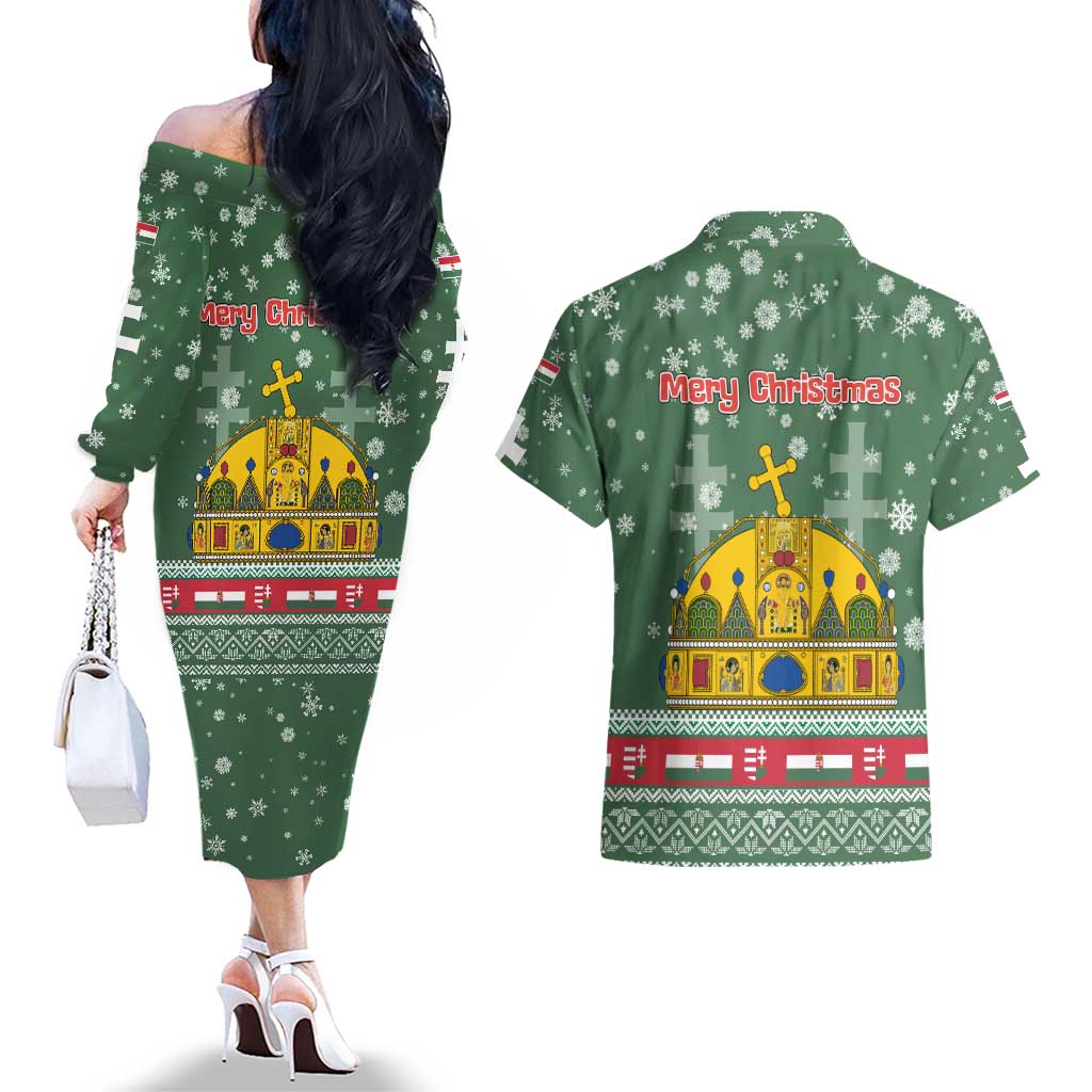 Hungary Christmas Couples Matching Off The Shoulder Long Sleeve Dress and Hawaiian Shirt with Green Snowflake Pattern Santa Claus Motif - Wonder Print Shop