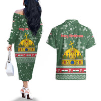 Hungary Christmas Couples Matching Off The Shoulder Long Sleeve Dress and Hawaiian Shirt with Green Snowflake Pattern Santa Claus Motif - Wonder Print Shop