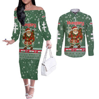 Hungary Christmas Couples Matching Off The Shoulder Long Sleeve Dress and Long Sleeve Button Shirt with Green Snowflake Pattern Santa Claus Motif - Wonder Print Shop