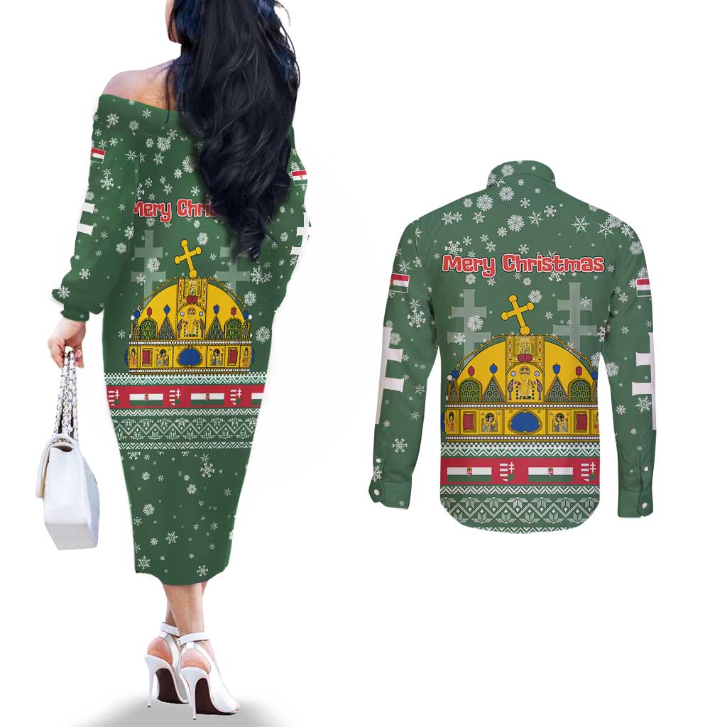 Hungary Christmas Couples Matching Off The Shoulder Long Sleeve Dress and Long Sleeve Button Shirt with Green Snowflake Pattern Santa Claus Motif - Wonder Print Shop