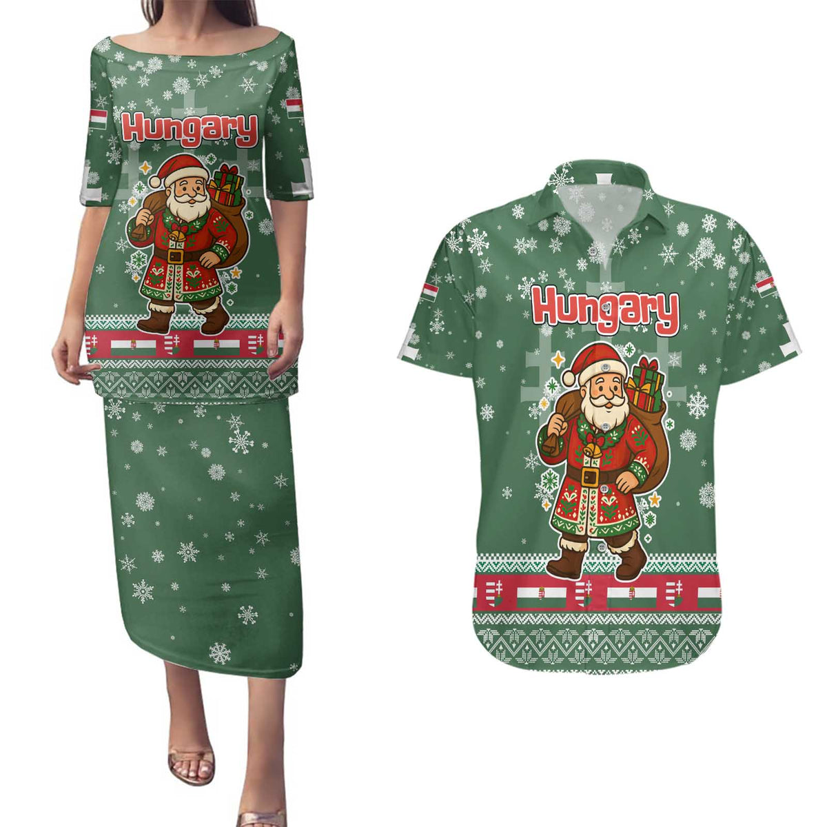 Hungary Christmas Couples Matching Puletasi and Hawaiian Shirt with Green Snowflake Pattern Santa Claus Motif - Wonder Print Shop