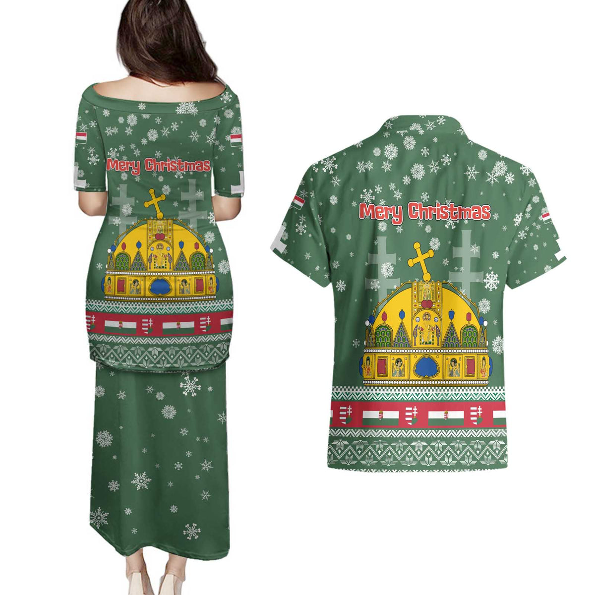 Hungary Christmas Couples Matching Puletasi and Hawaiian Shirt with Green Snowflake Pattern Santa Claus Motif - Wonder Print Shop