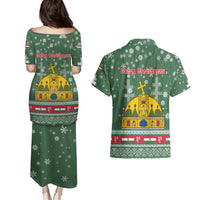 Hungary Christmas Couples Matching Puletasi and Hawaiian Shirt with Green Snowflake Pattern Santa Claus Motif - Wonder Print Shop