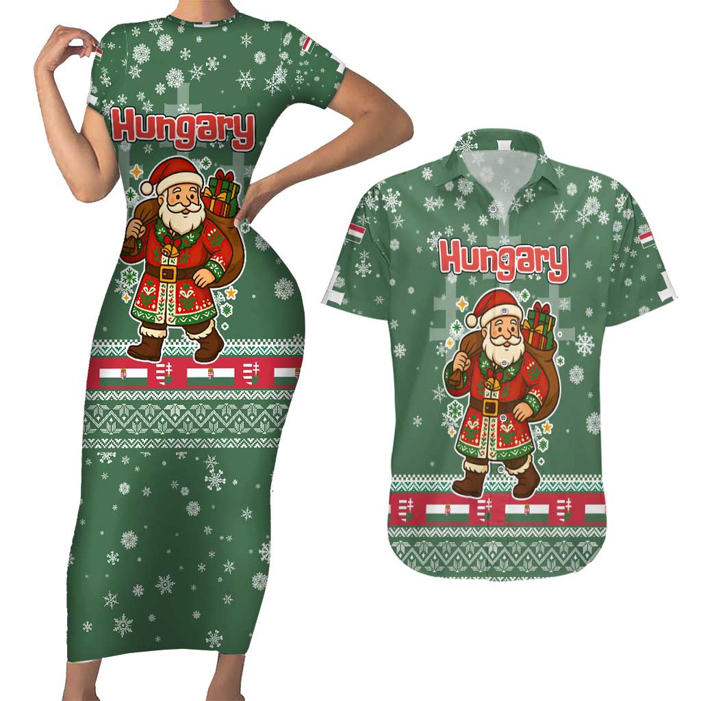 Hungary Christmas Couples Matching Short Sleeve Bodycon Dress and Hawaiian Shirt with Green Snowflake Pattern Santa Claus Motif - Wonder Print Shop