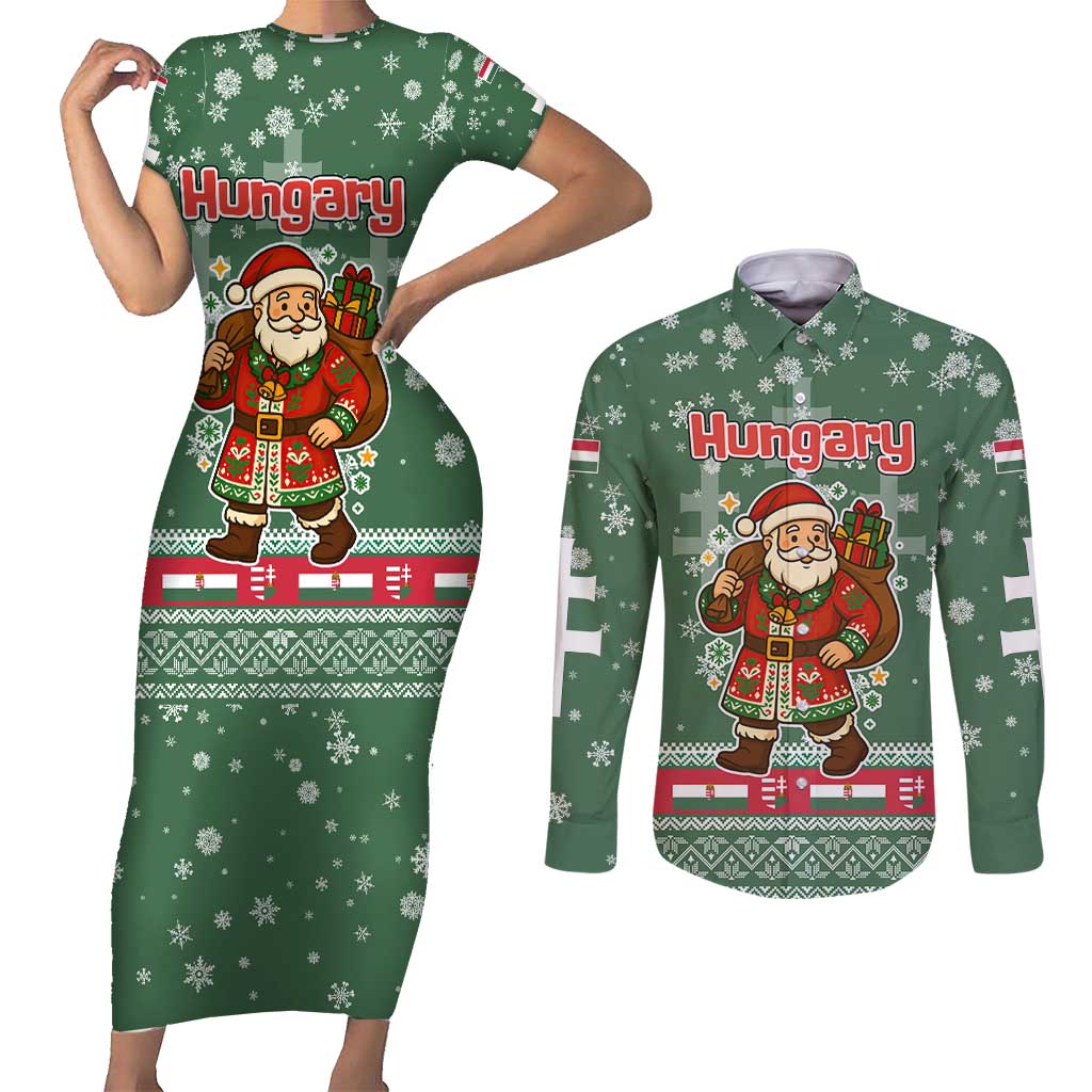 Hungary Christmas Couples Matching Short Sleeve Bodycon Dress and Long Sleeve Button Shirt with Green Snowflake Pattern Santa Claus Motif - Wonder Print Shop