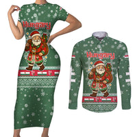 Hungary Christmas Couples Matching Short Sleeve Bodycon Dress and Long Sleeve Button Shirt with Green Snowflake Pattern Santa Claus Motif - Wonder Print Shop